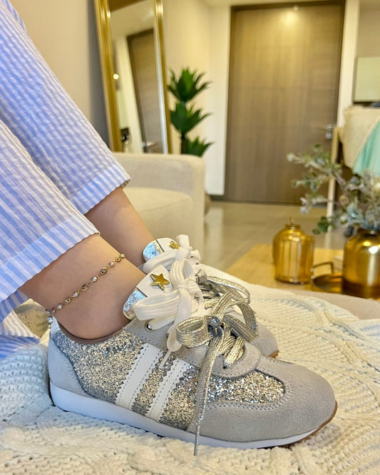 TENNIS ALANA STORE - NEW 2025 - CUERO CARNAZA * GLITTER PLATA Y ORO