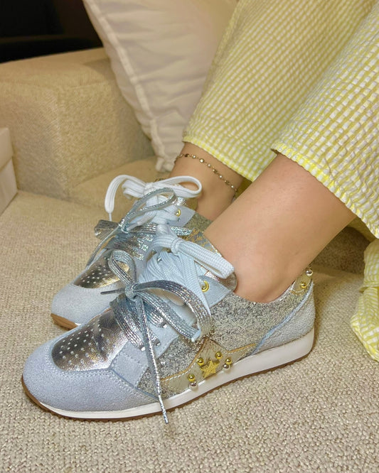 TENNIS LUCIA STORE - NEW 2025 - CUERO CARNAZA * GLITTER PLATA Y NEGRO