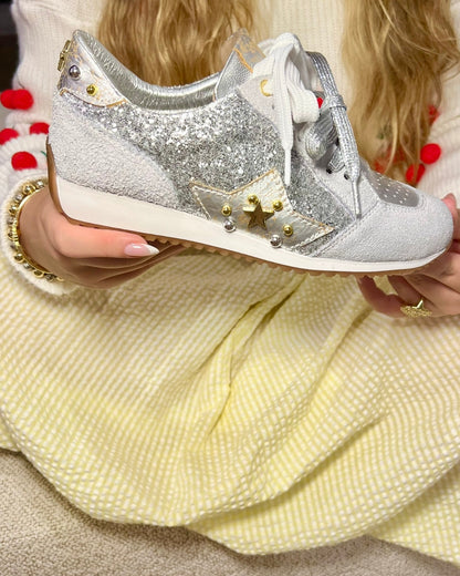 TENNIS LUCIA STORE - NEW 2025 - CUERO CARNAZA * GLITTER PLATA Y NEGRO